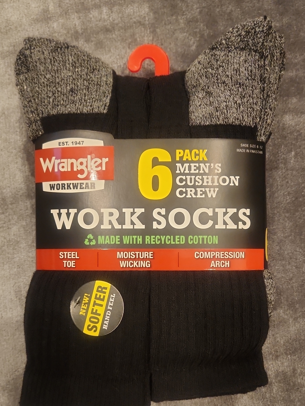 Wrangler Black and Gray Men's Cushion Crew Work Socks - 6 Pack